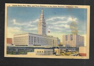 Vintage Postcard Linen Post Office & Train Entrance Union Terminal Cleveland Oh