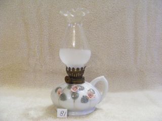 (81) Miniature White With Pink Flowers And Gold Trim Finger Oil Lamp