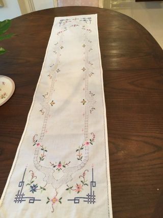 Vintage Table Runner Dresser Scarf Embroidered Cross Stitch Crocheted Floral