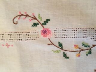 Vintage Table Runner Dresser Scarf Embroidered Cross Stitch Crocheted Floral 4