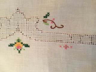 Vintage Table Runner Dresser Scarf Embroidered Cross Stitch Crocheted Floral 5