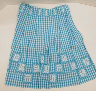 Vintage Half Apron Light Blue White Gingham Check With White Cross Stitch Pocket