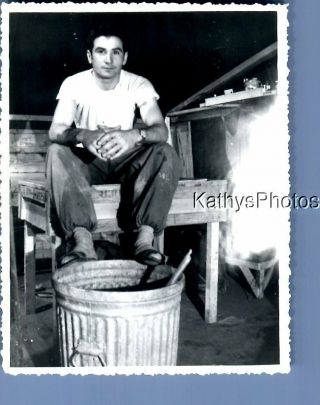 Found B&w Photo D_5015 Man Sitting On Table With Feet On Trash Can
