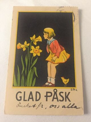 Vintage Easter Swedish Mini Postcard Girl Smelling Flowers Daffodils Baby Chick