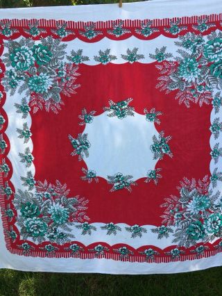 Vtg 1950s Red Green White Printed Tablecloth Cotton 52 " X 48 "