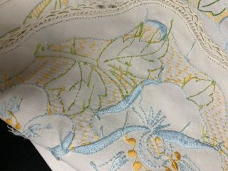 VINTAGE HAND EMBROIDERED TABLE RUNNER,  DRESSER SCARF,  CROCHETED TRIM 41x17 4