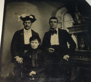 Rare Antique Victorian American Men & Lady Switched Hats Tintype Photo