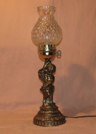 Vintage Cast Metal Cherub Table Lamp W/diamond Quilted Glass Shade 18.  5 " Tall