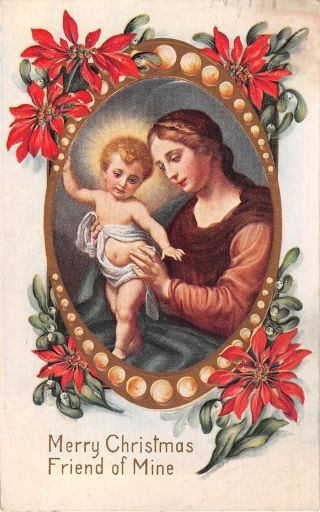1918 Art Deco Whitney Christmas Postcard Of Poinsettias Around Madonna & Child
