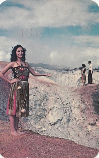 Zealand Postcard - " Moori Girl/guide Points To Rainbow Crater " /rotorua/