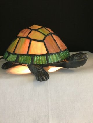 Stained Glass Turtle Shell Blue Green Plug In Lamp Night Light Metal Body 2