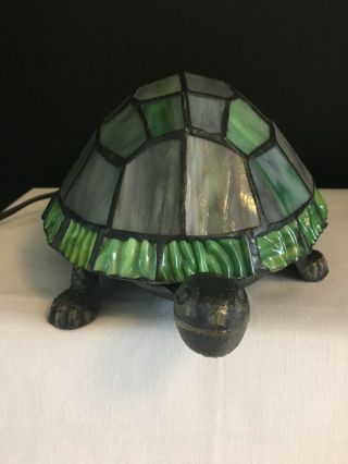 Stained Glass Turtle Shell Blue Green Plug In Lamp Night Light Metal Body 3