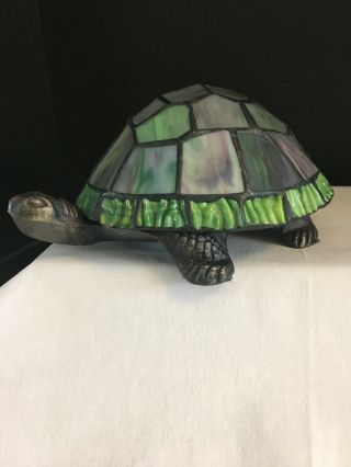 Stained Glass Turtle Shell Blue Green Plug In Lamp Night Light Metal Body 4