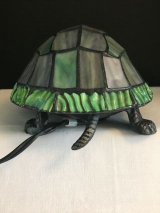 Stained Glass Turtle Shell Blue Green Plug In Lamp Night Light Metal Body 5