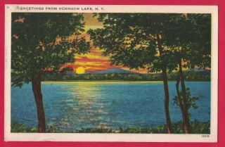0618k Greetings From Schroon Lake Ny Vtg Linen Pc Sunset Over Lake