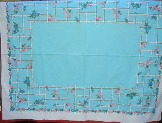 Vintage Blue Green Table Cloth Approx.  50 " X 60 "