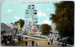 1910 Peoria,  Il Postcard " Scene In Al Fresco Park " Ferris Wheel Amusement Park
