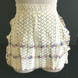 Vintage Childs Half Apron Hand Crocheted Doily Pattern Design White Pink Blue