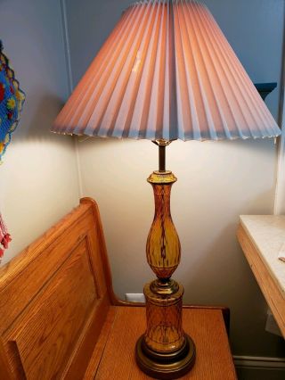 Vintage 1950s Mid Century Table Lamp With Amber Glass