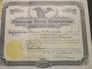 Rare Fontaine Ferry Park Stock Certificate.  Louisville,  Ky.  1943