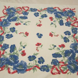 Vintage Cotton Tablecloth Blue & Red Flowers On White Backround 36 " X 30.  5 "