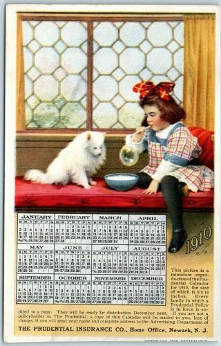 1910 Prudential Insurance Ad Postcard Girl & Pomeranian Dog Drinking Milk