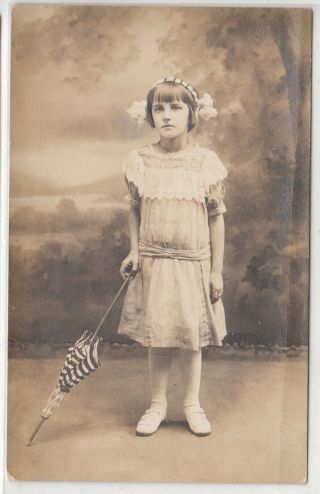 Rppc - Studio Pose - Young Girl W/ Umbrella - Delaware Studio - Early 1900s