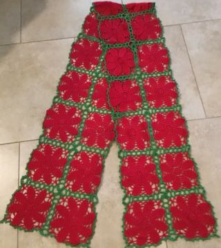 Vintage Hand Crocheted Long Table Runner,  Red & Green Flower Design,  Cotton