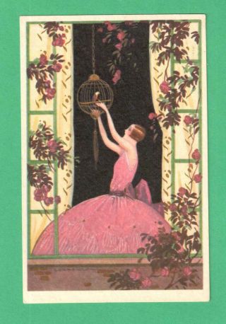 Vintage T.  Corbella Art Deco Postcard Lady Window Trellis Flowers Parrot Cage