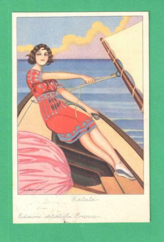 1928 Nanni Advertising Art Postcard Fernet - Branca Lady Sailboat