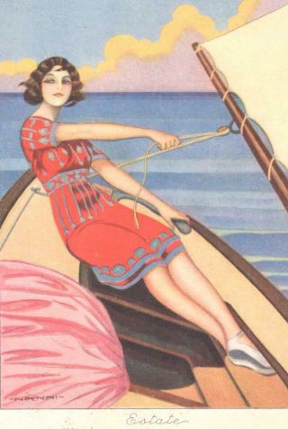 1928 NANNI ADVERTISING ART POSTCARD FERNET - BRANCA LADY SAILBOAT 2