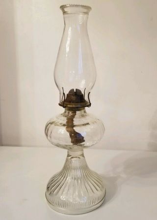 Large Vintage Clear Glass Oil Lamp & Chimney Eagle Pedestaled Kerosene