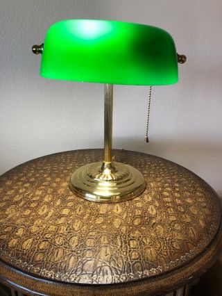 Vintage Brass Bankers Piano Lawyers Desk Lamp With Emerald Green Glass Shade