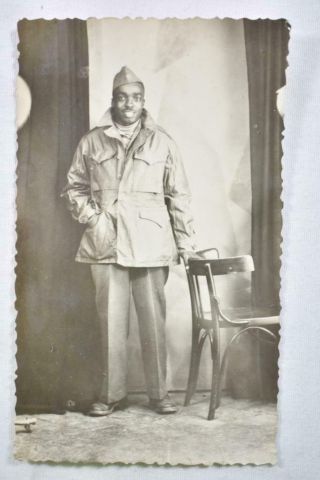 Vintage Photo Postcard Of African American Soldier Standing Beside Chair (b)