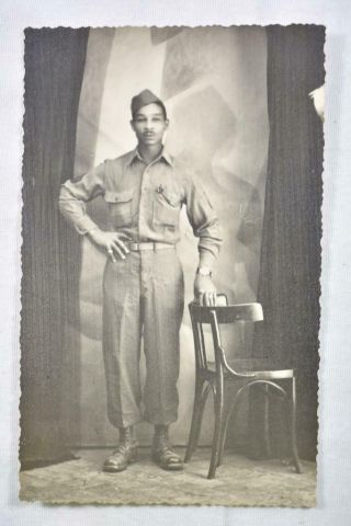 Vintage Photo Postcard Of African American Soldier Standing Beside Chair