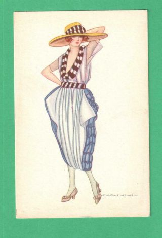 Vintage Nanni Art Postcard Fashionable Lady Red Hair Summer Outfit