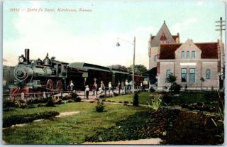 Hutchinson,  Kansas Postcard Santa Fe Railroad Depot Train Scene C1910s