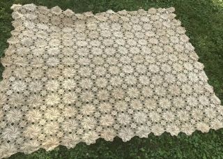 Vintage Crochet Tablecloth 56” By 72” Dark Tea Color