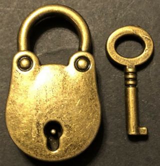 Old Antique Style Small Brass Padlock With Key Collectible Tool For Box