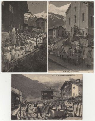 Saas Fee Valais Switzerland 3 Printed Postcards Of Village & Procession Views