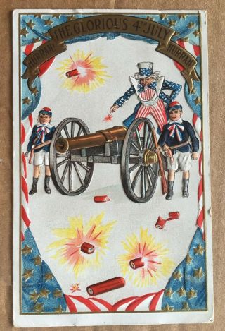 Vintage Patriotic/4th Of July Postcard - Uncle Sam & Canon 1908