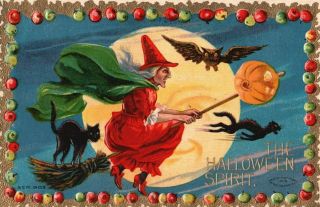Halloween - Witch - Black Cat Riding Broom Owl Flying Cat Jack - O - Lantern