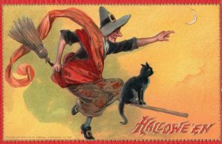 Halloween - Witch - Black Cat Riding Broom Tucks Halloween