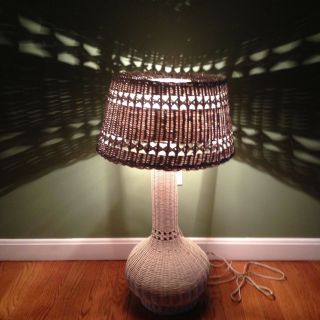 Vintage,  Unique White Wicker Table Lamp & Shade Great