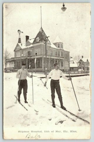 Ely Minnesota Shipman Hospital Farm Windmill Cross Country Snow Skiers 1907 B&w