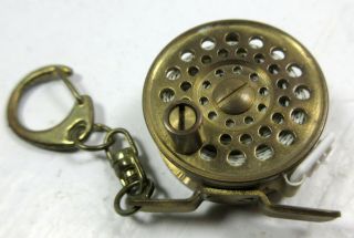 Vintage Brass Miniature Fly Fishing Reel Key Chain Measuring Tape W/ Wind Back