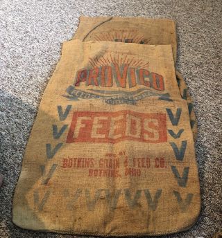 2 Vintage Rustic Red And Blue Burlap Printed Provico Feed Sacks / Bags