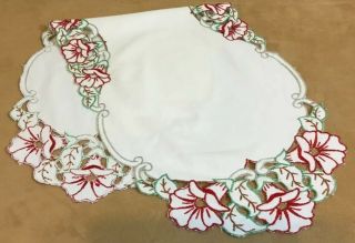 Vintage Table Runner Or Dresser Scarf,  Embroidered Flowers & Leaves,  Cut Work