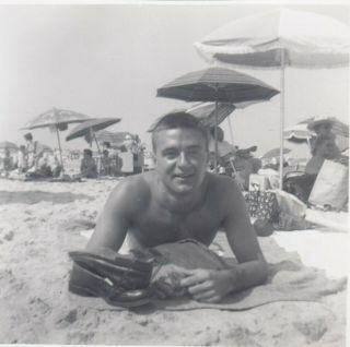 Vintage Photo Handsome Shirtless Man Posing On Towel In Sand On Beach Gay Int