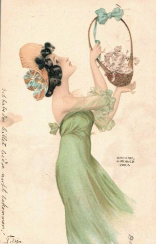 Vintage - Raphael Kirchner Art Postcard " Woman With Flower Basket "